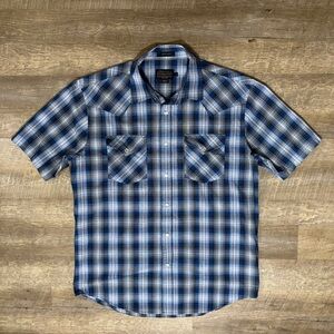 Pendleton Western Pearl Snap Blue Brown Plaid Frontier Cotton Shirt Mens Size XL
